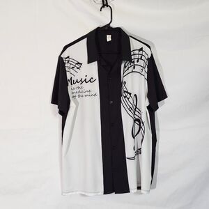 CHICYEA Men's Retro Rockabilly Bowling Shirt Music Notes Black White XL